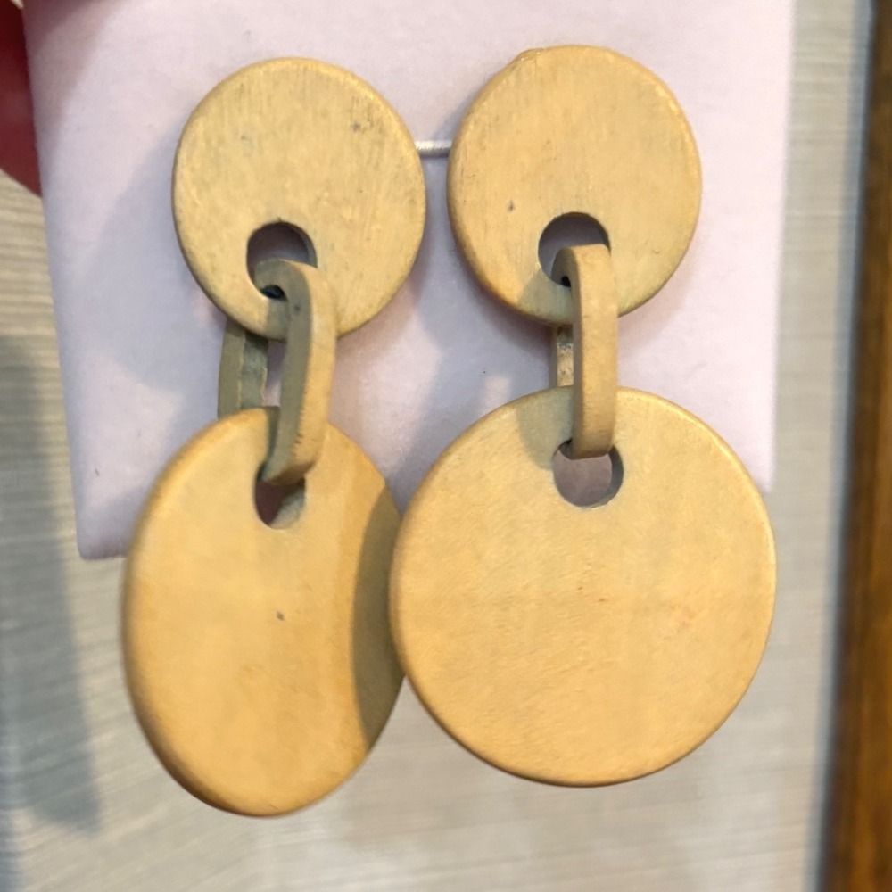 Natural Tan Pale Blue Wood Geometric Double Disc Drop Earrings Minimalist Boho